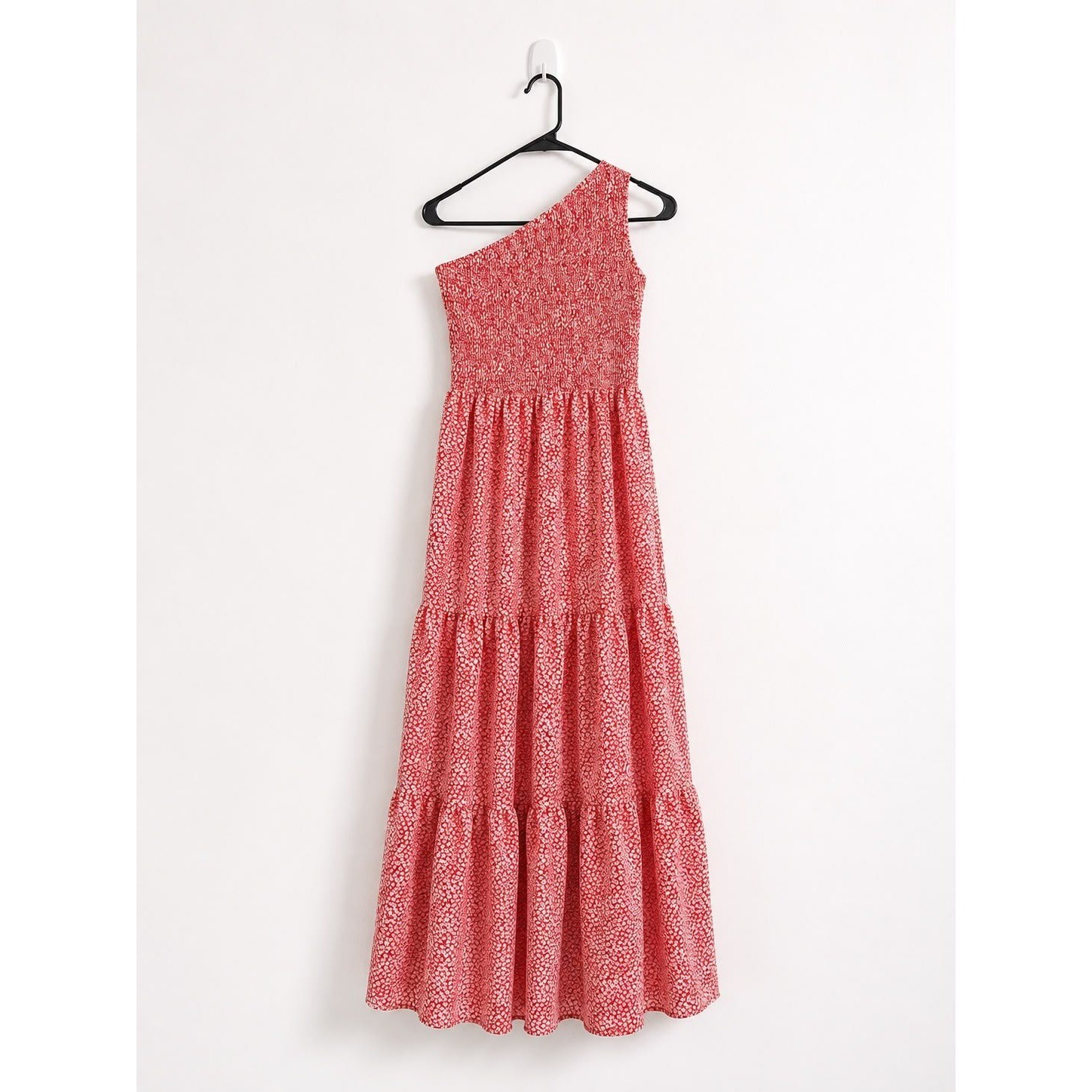 PrettyGarden Womens Red White Floral One Shoulder Smocked Tiered Maxi Dress M