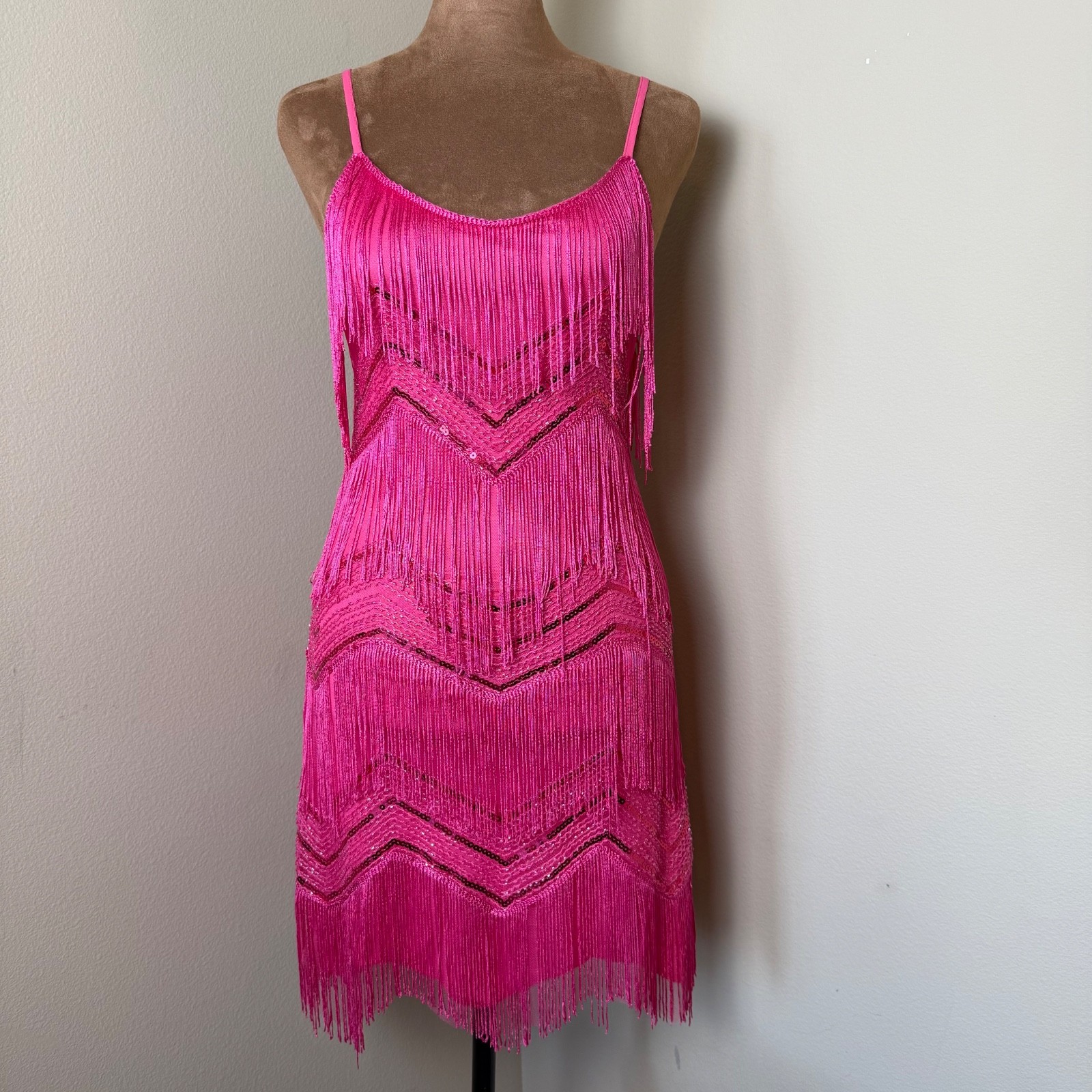 NWT Lulus Hot Pink Fringe Mini Dress Womens Small Sequins Beaded Party Cowgirl