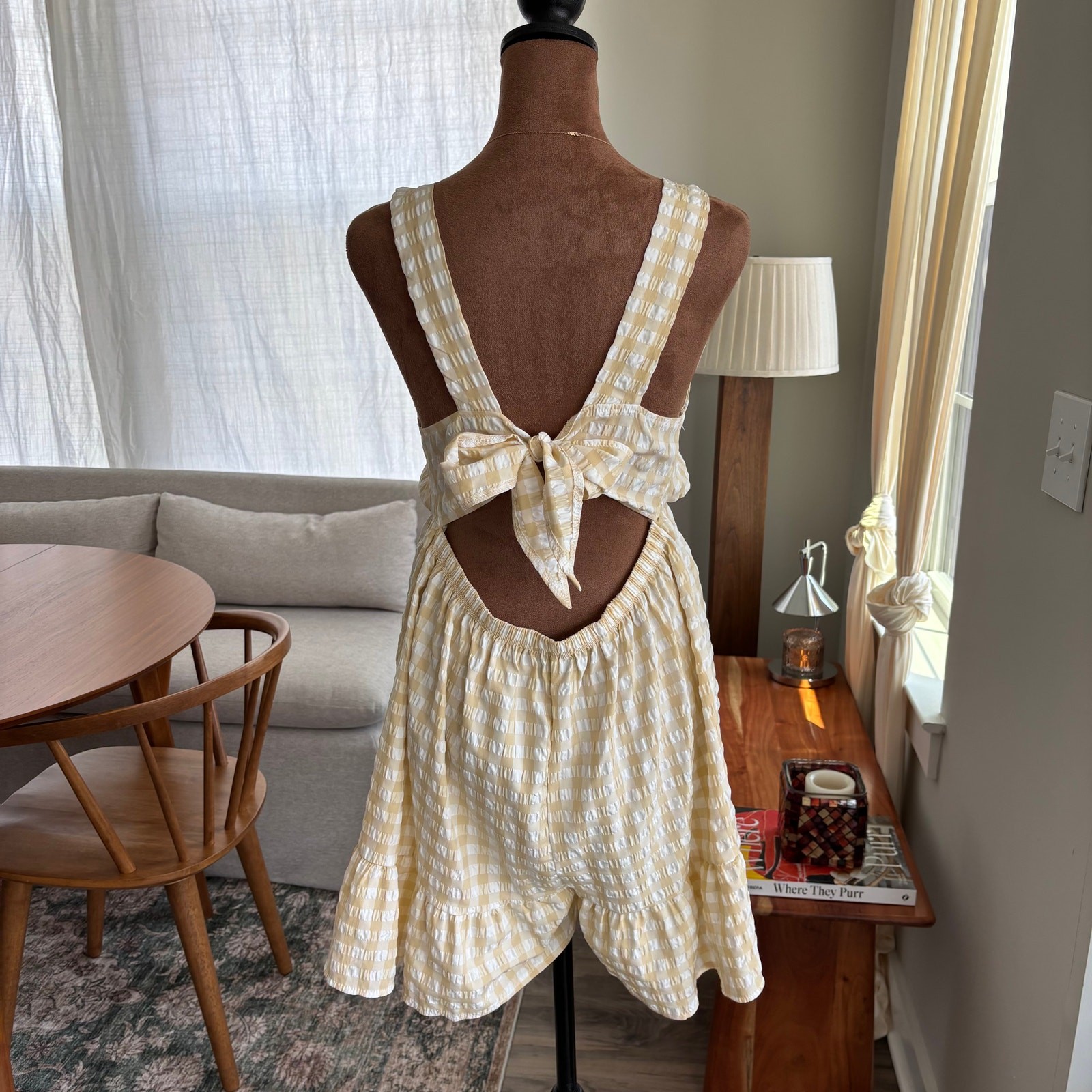 PrettyLittleThing Yellow Gingham Plunging Romper Skort Ruffle Preppy Summer US 6