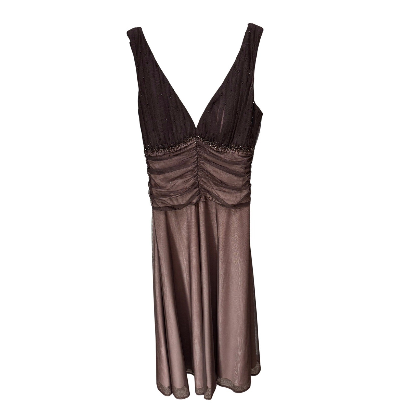 JS Boutique Dress Womens 4 Brown Beaded Mesh Ruched Midi Romantic VTG Whimsigoth