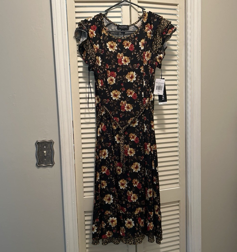Perceptions Petite PM Black Rust Gold Floral Maxi Dress Scoop Neck Ruffle Cap
