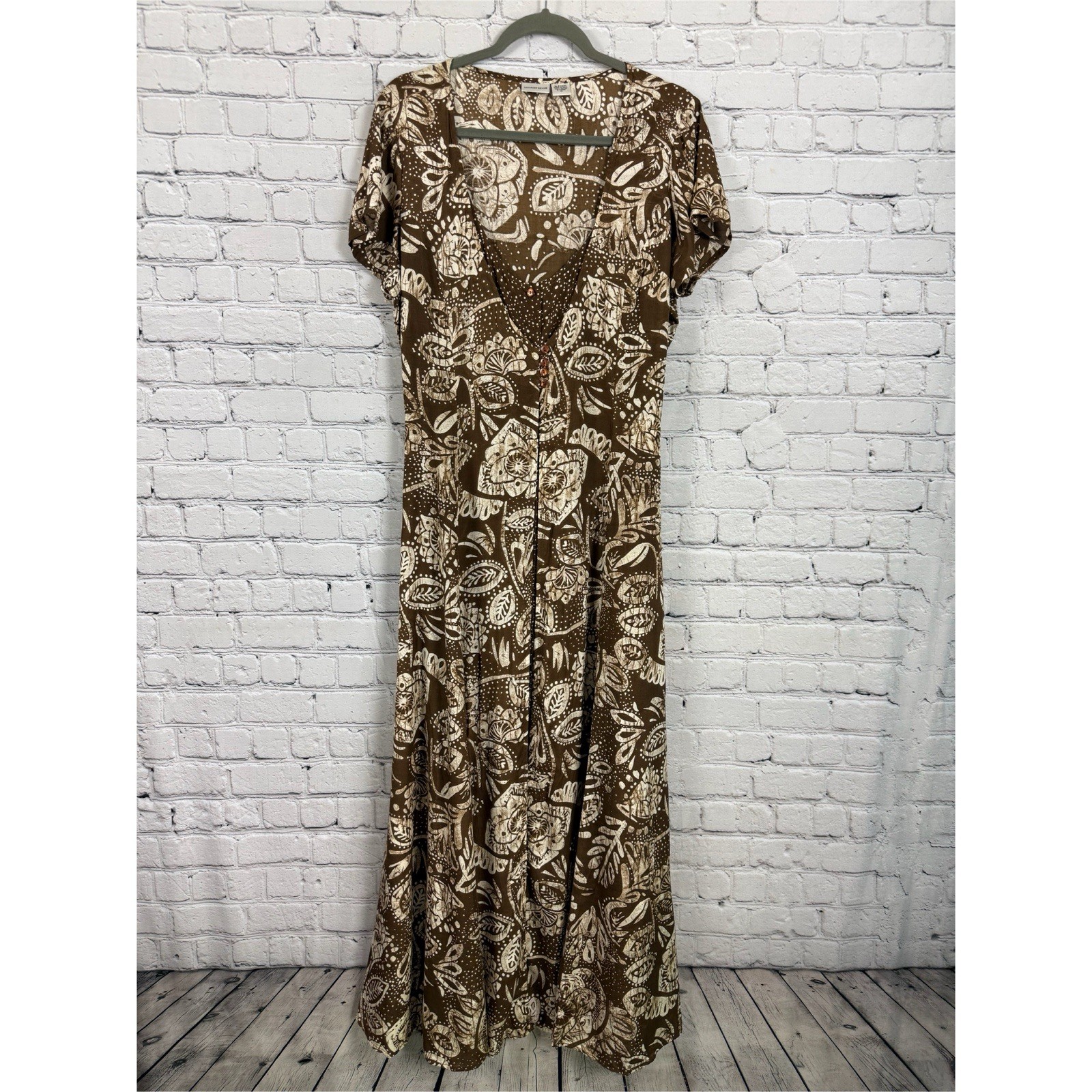 Newport News Maxi Dress Women 18 Brown Cream Floral Layered Button Front Prairie