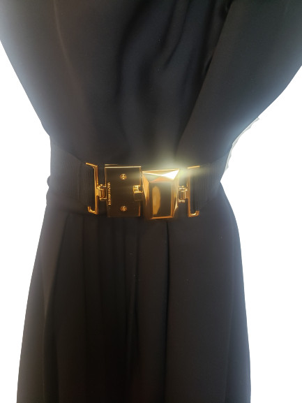 BCBG MAX AZRIA Black Dress with Gold Buckle Belt Asymmetrical Pleats Size 12