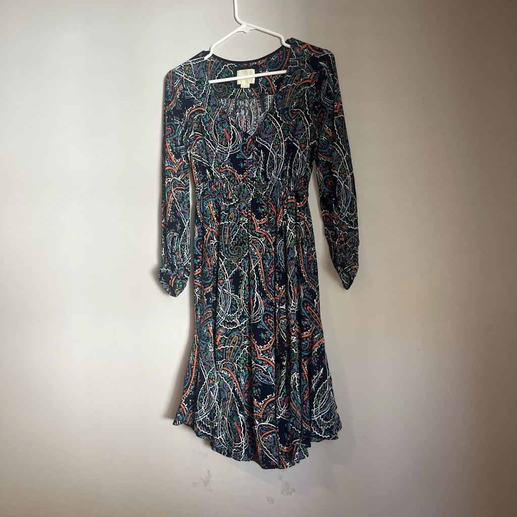 Maeve Women’s Paisley Dress XS Anthropologie Black Multicolor Long Sleeve Boho