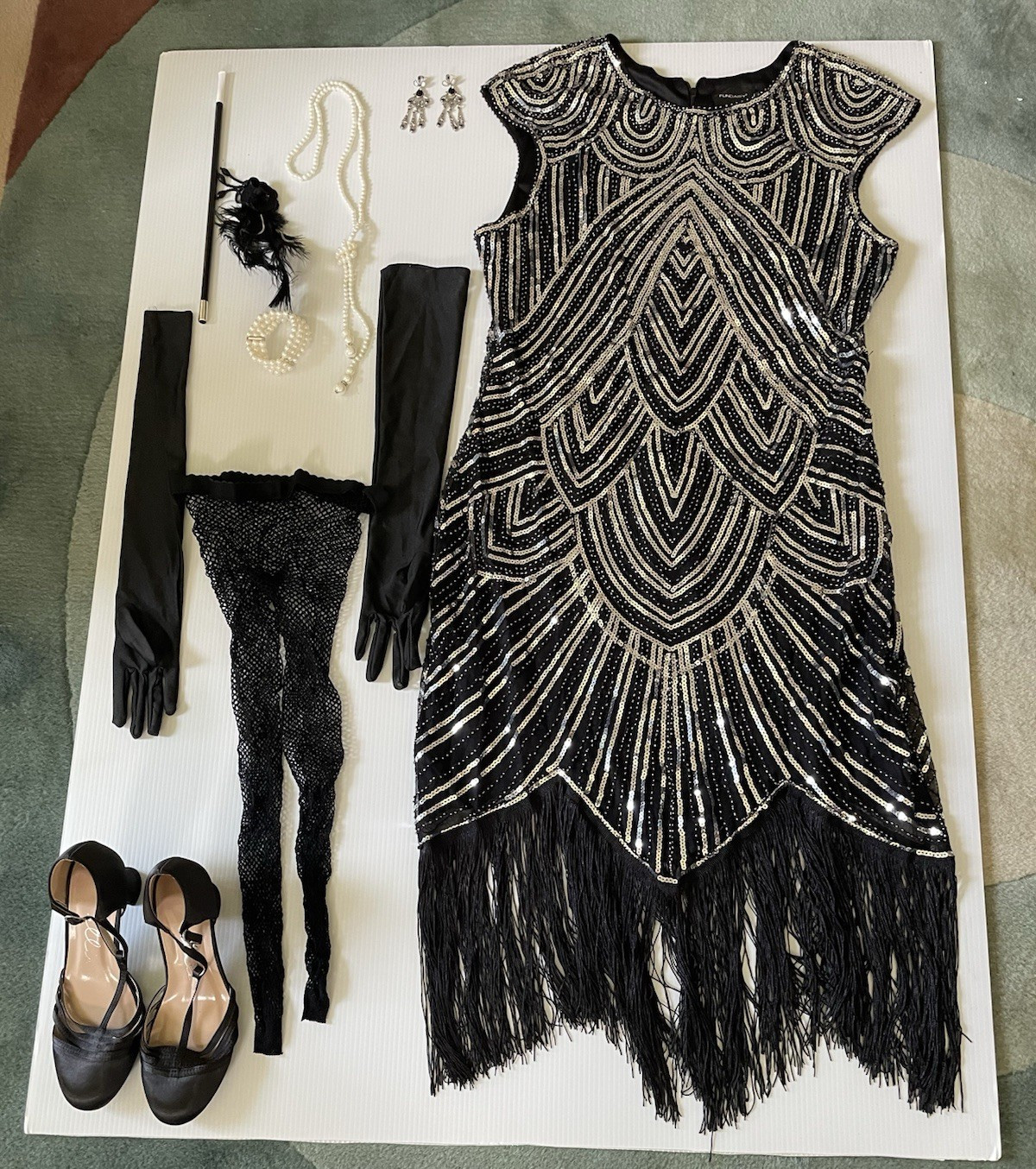 Women’s M Black/Silver 1920s Gatsby Beaded Sequin Fringe Shift Knee Dress Zip