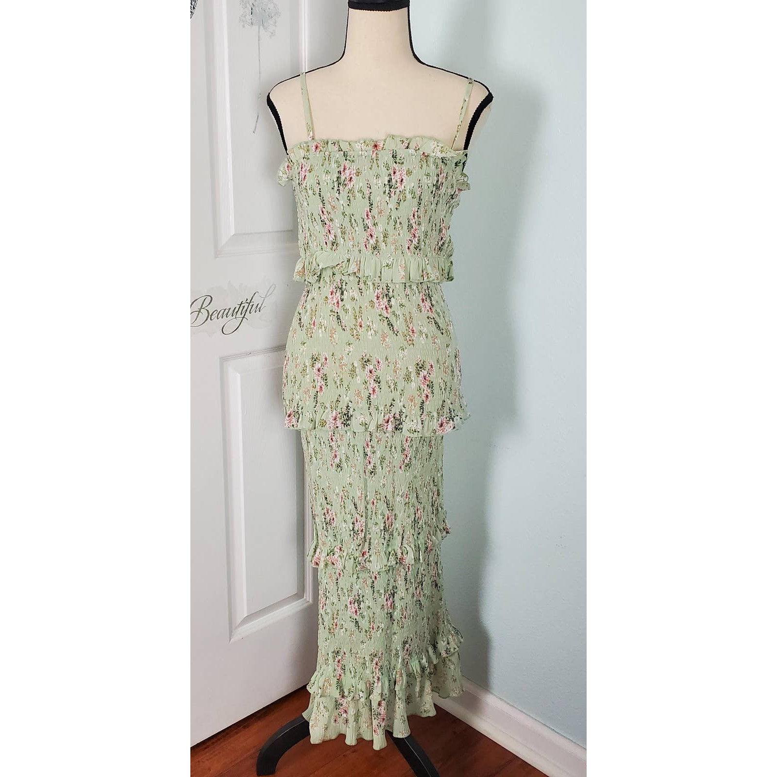 Mabel Flower Green Ribbed Dress Size M