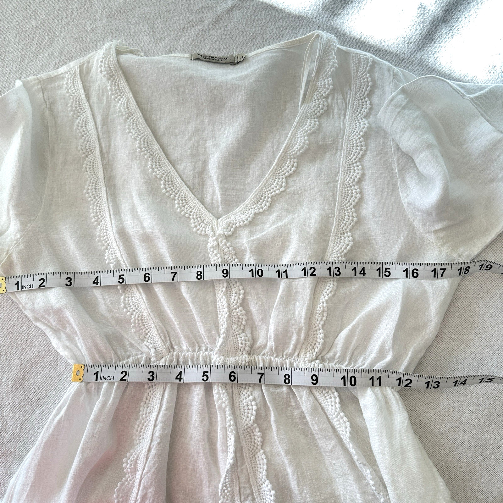 Valentina Naldi sz L White 100% Linen Crochet Trim V-Neck Mini Dress Italy Made