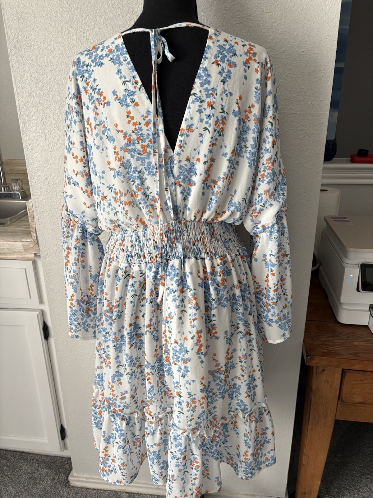 Jollycode L Long Sleeve V-Neck Floral Smocked Ruffle Tie Knee Sundress