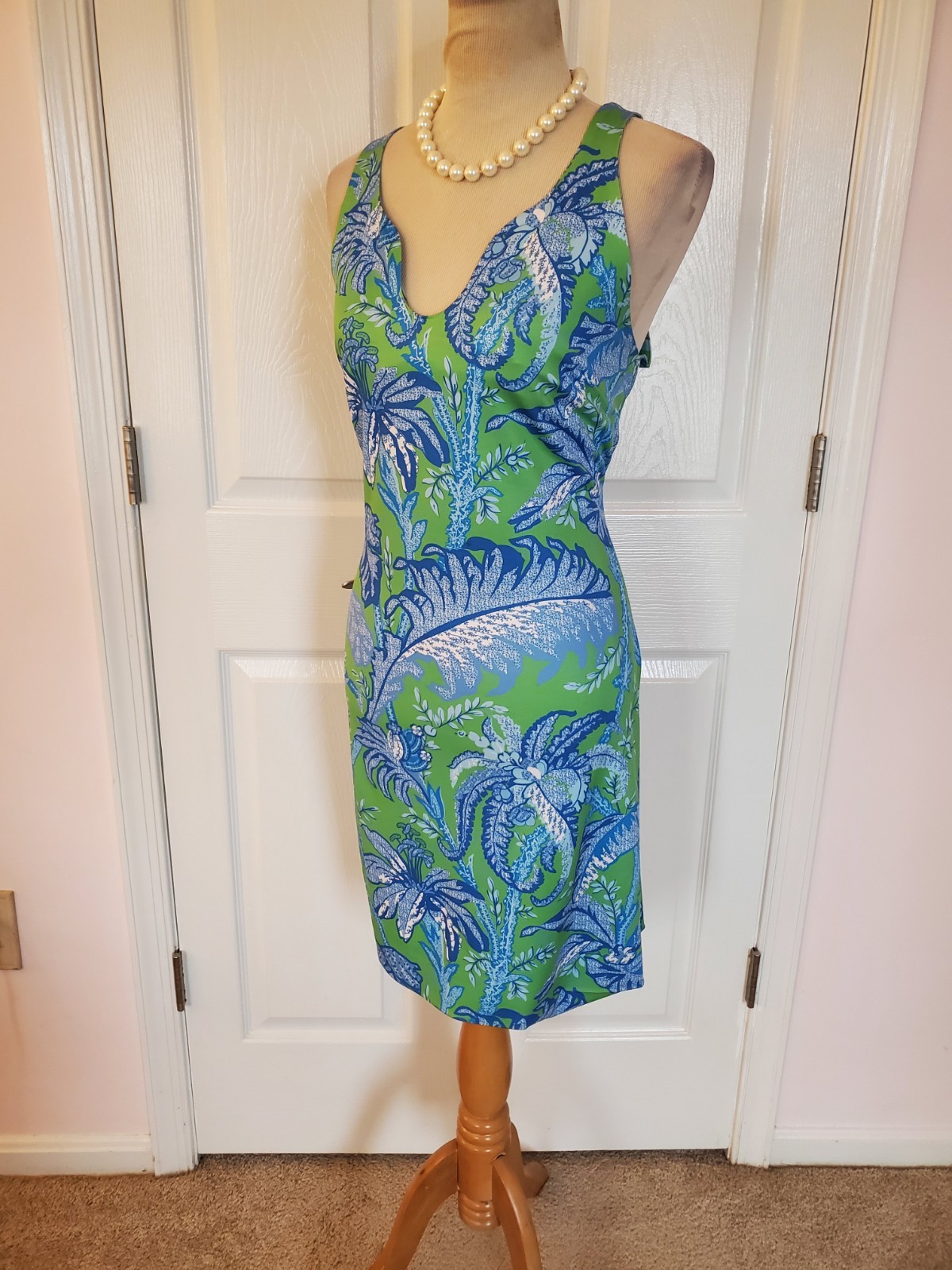 GRETCHEN SCOTT Swerve Palm Swerve Sleeveless Dress w/Blue Green Palms (Size M)