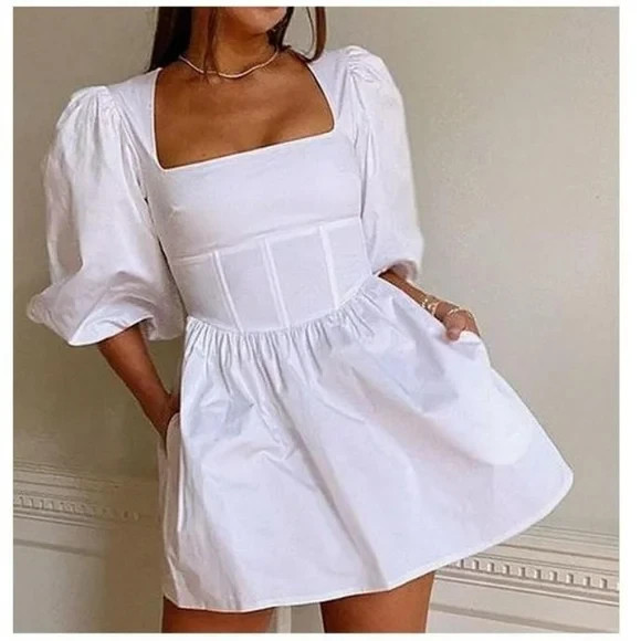 Danielle Bernstein Womens 4 White Pouf Square Neck Puff Sleeve Mini Party Dress