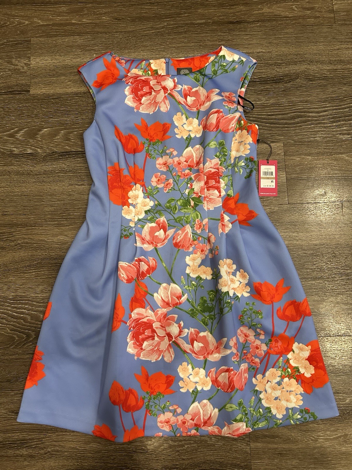Vince Camuto Floral A-Line Dress Blue Red Pink Green Size 12 Cap Sleeve