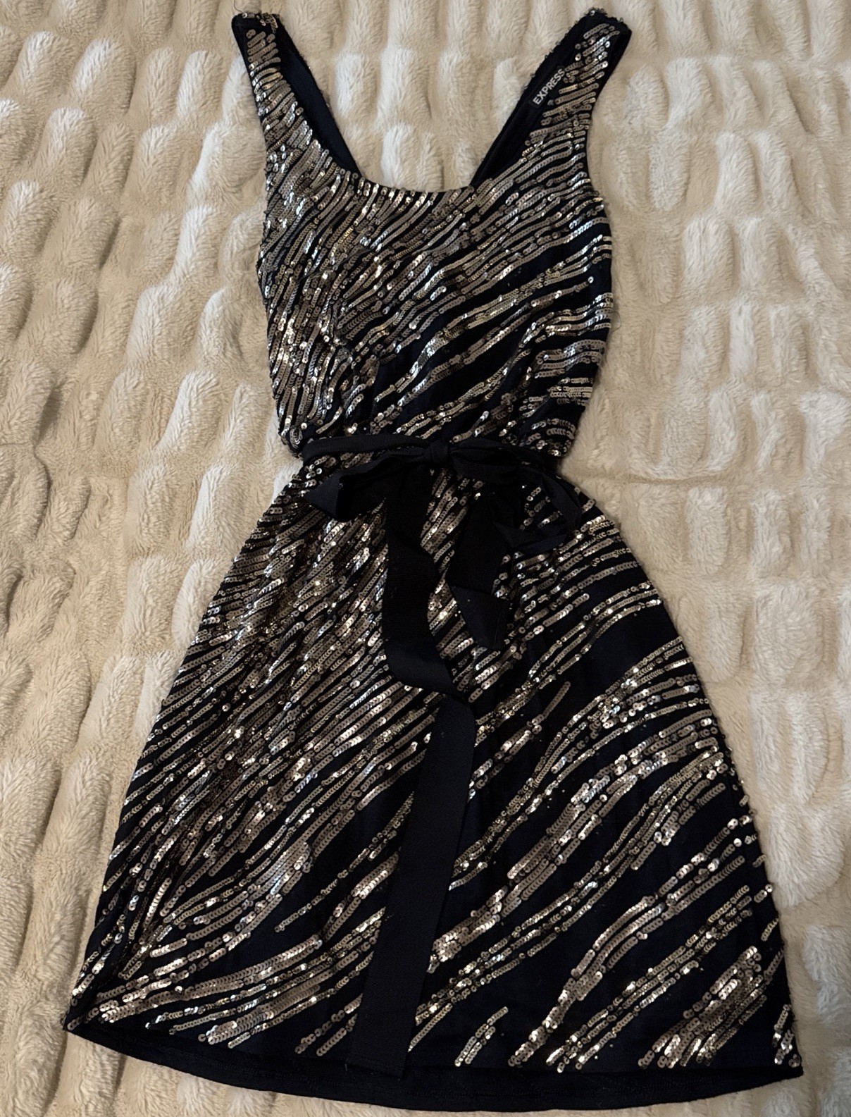 Express Black Gold Sequin Midi Dress Deep V Open Back Satin Belt Size Small