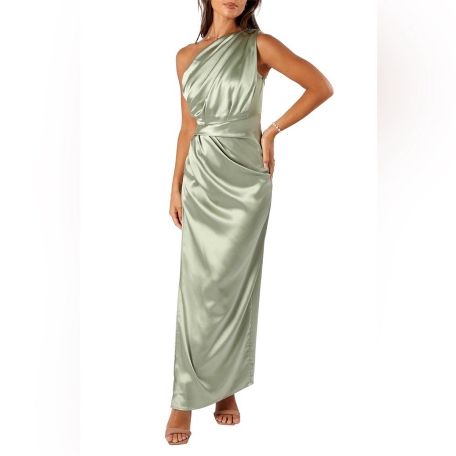 Nadia One-Shoulder Satin Maxi Dress Petal & Pup Sage Size 4 NWI
