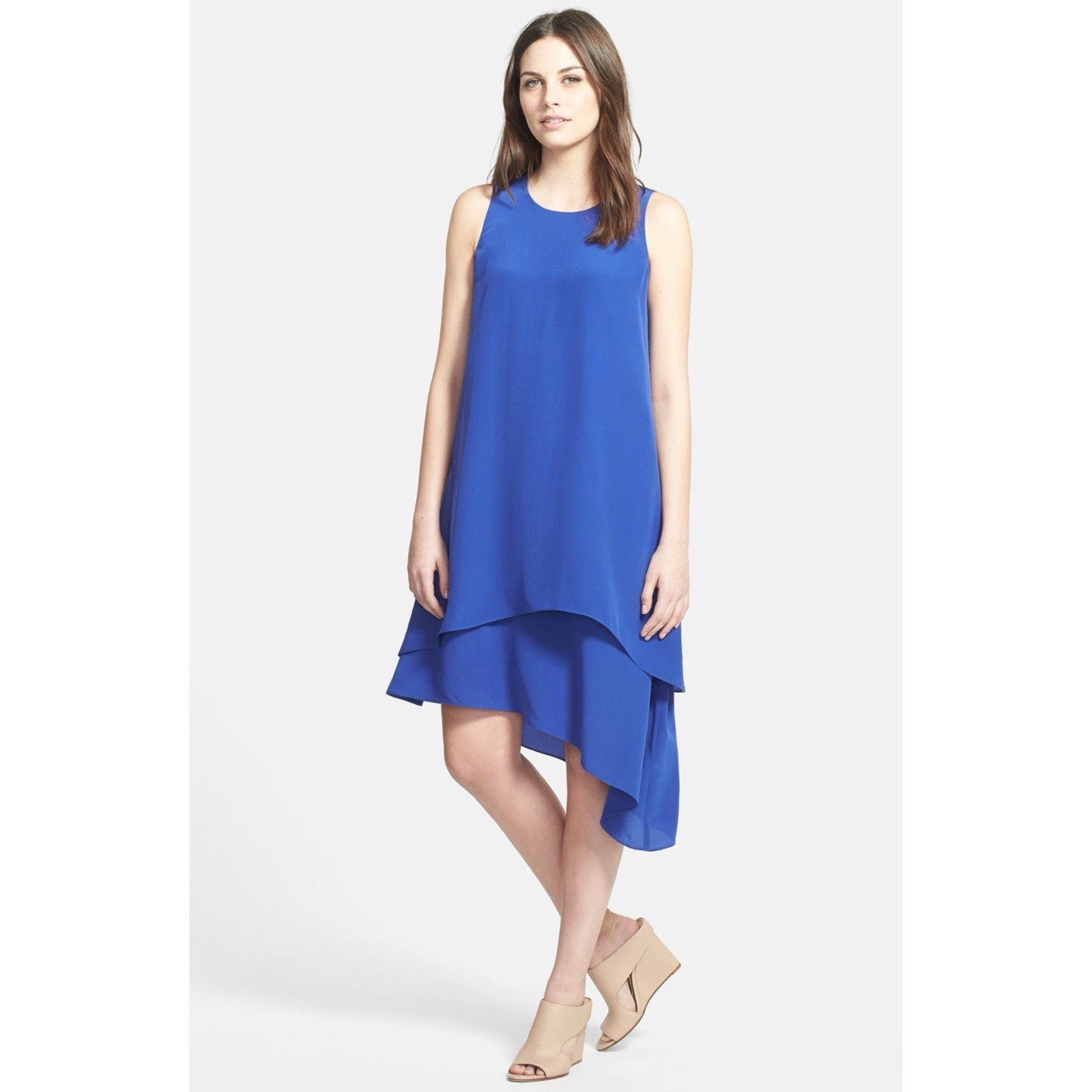 Eileen Fisher Layered Asymmetrical Sleeve Silk Dress Sapphire Blue Size 1X NWT