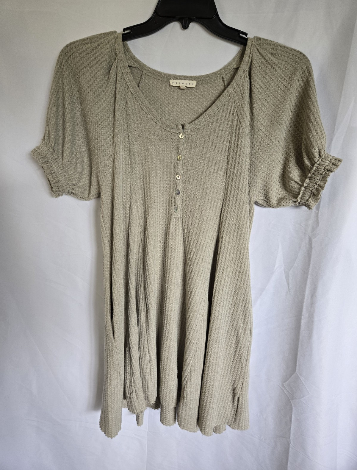 Promesa Women’s Beige Waffle Knit Mini Dress V-Neck Button Short Sleeve Size S