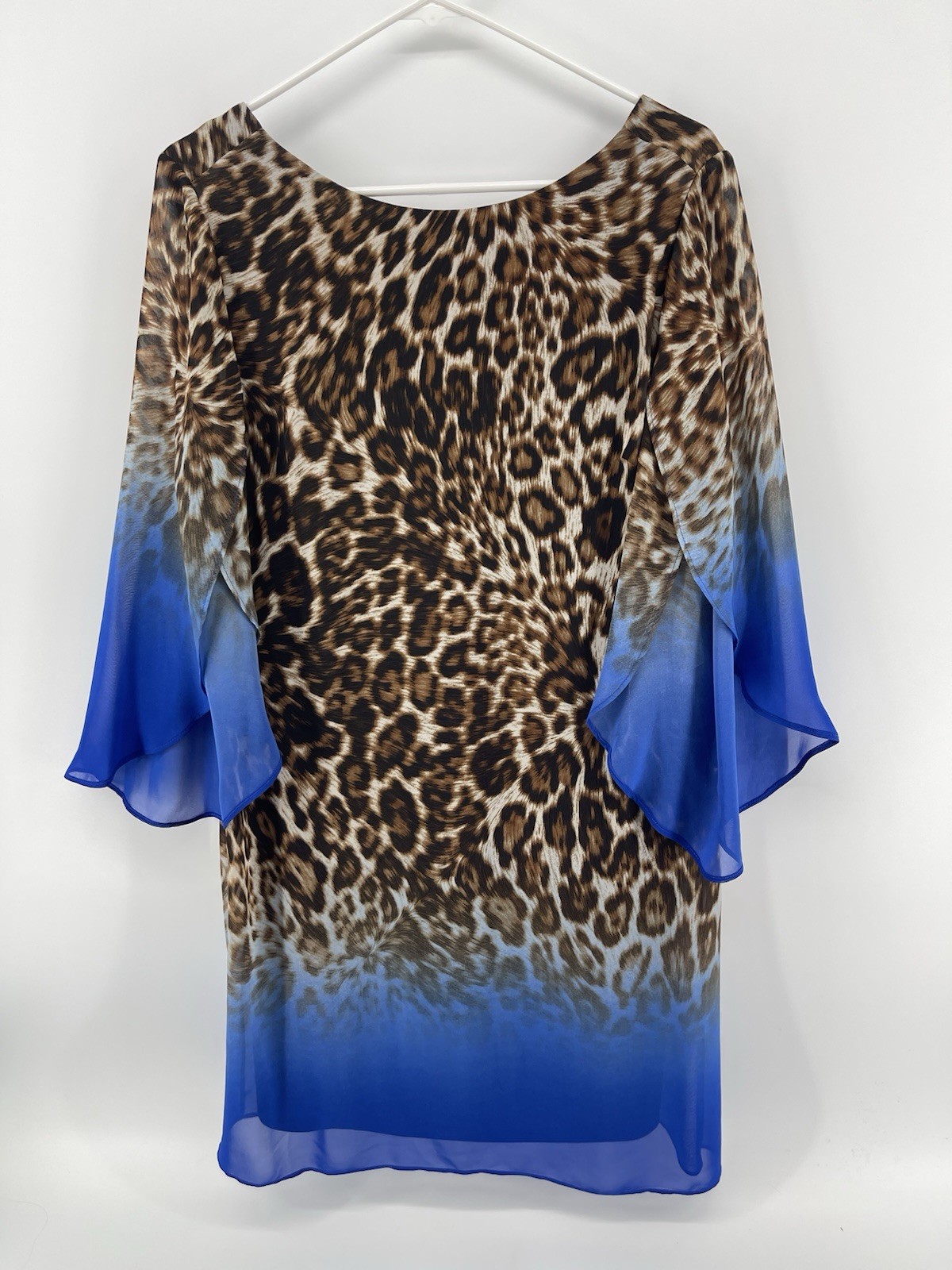 Db Established 1962 Dress Women Size 12 Blue Beige Leopard Print Flare Sleeve