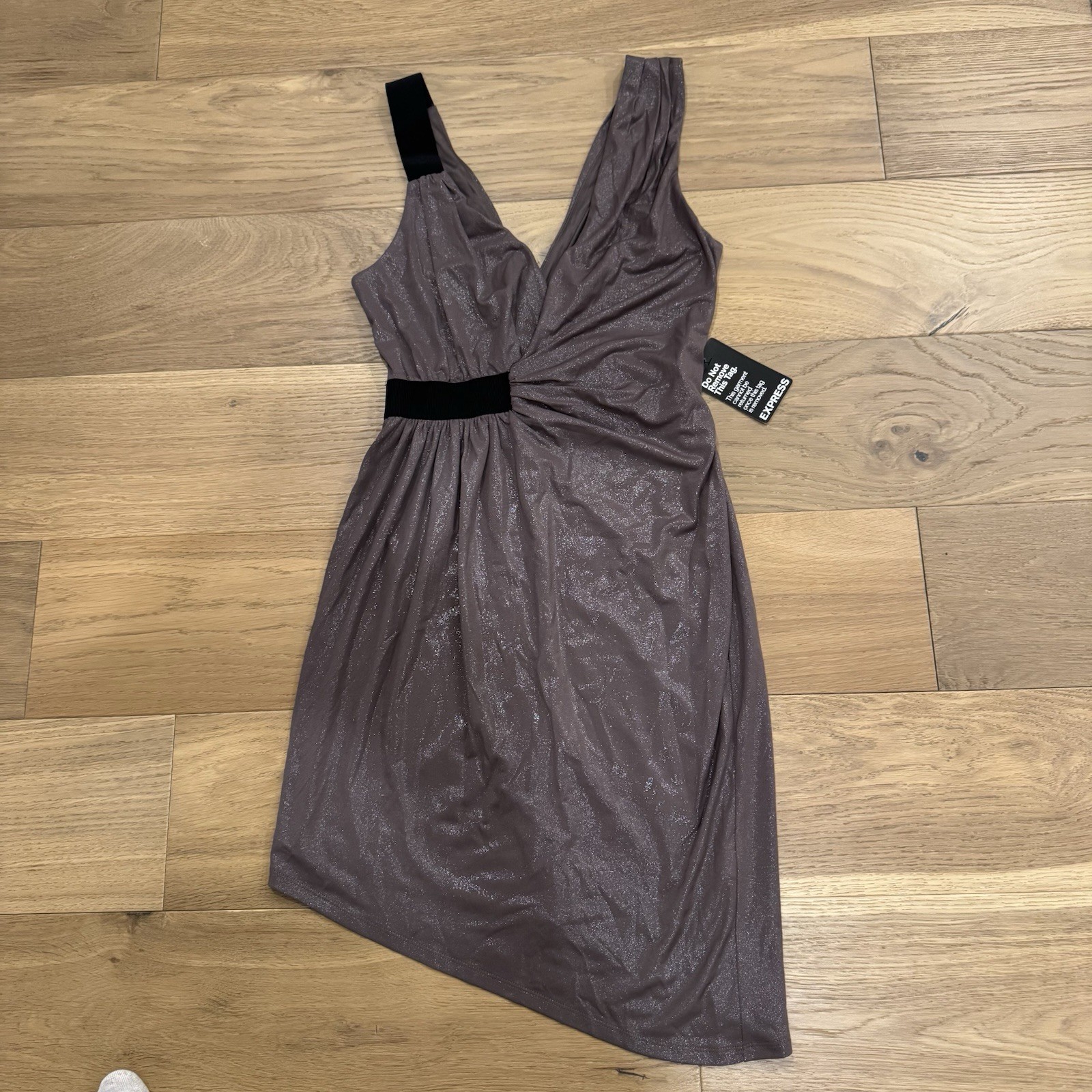 Express Shimmer Metallic Asymmetrical Ruched Bodycon Dress Small NWT Y2K Taupe