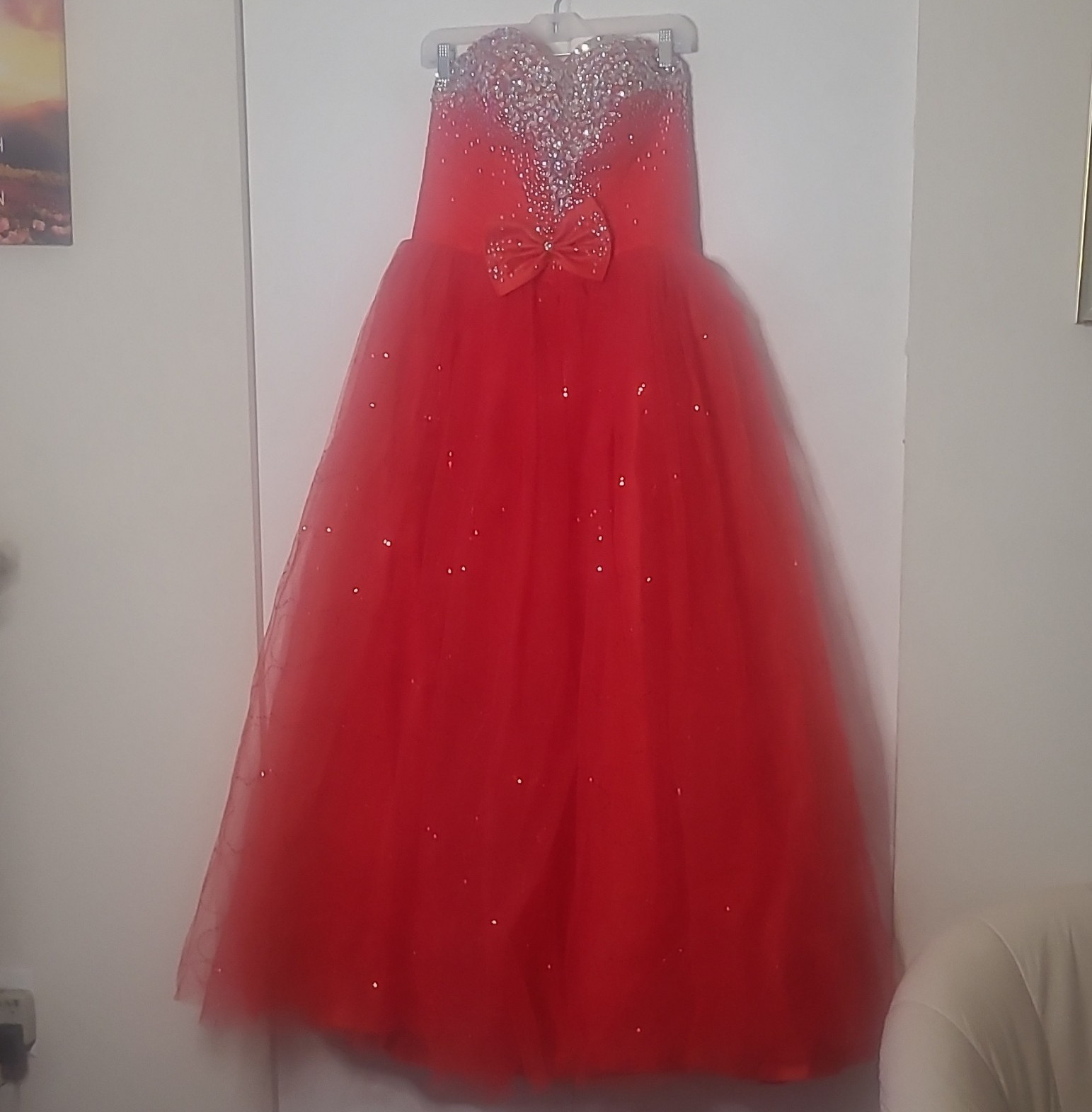 Red Strapless Sweetheart Rhinestone Bow Corset Lace-Up Tulle Long Gown XXL