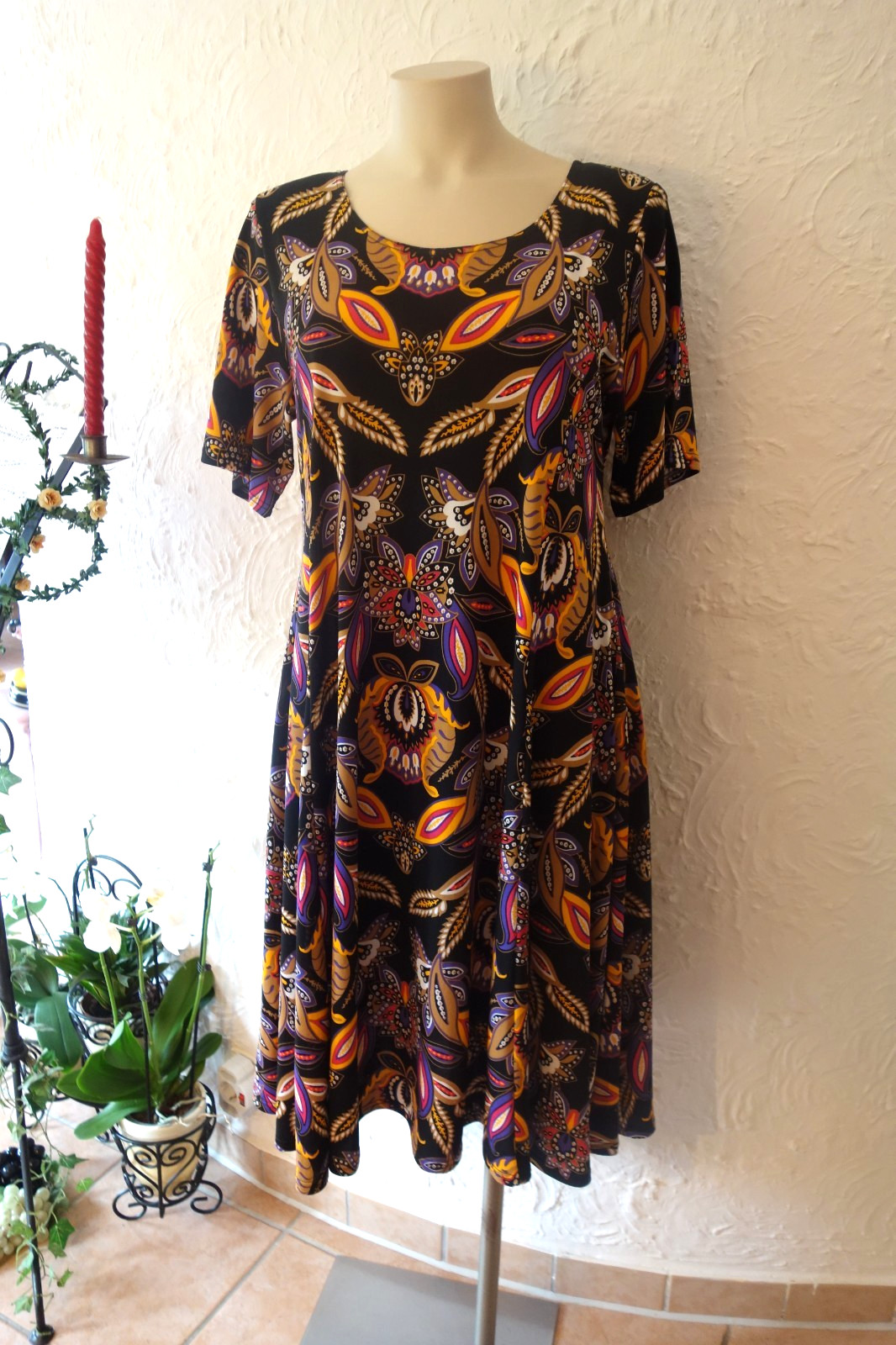 Magna summer dress 48 50 new black Multicoloured Floral Leaves Stretch A Line LAGENLOOK
