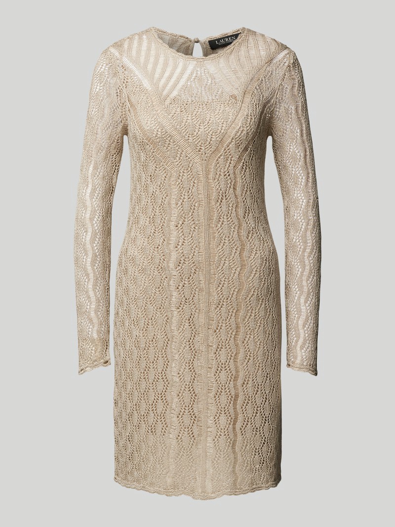 Lauren Ralph Lauren Linen-Blend Knit Sweater Dress Tan Gold Open Work Medium