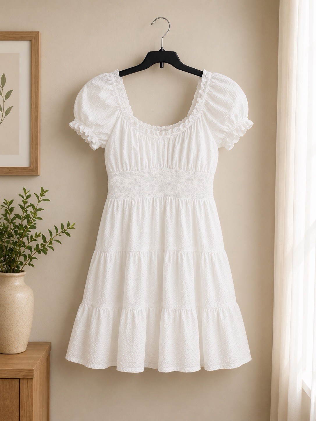 MinkPink White Cotton Puff Sleeve Smocked Babydoll Mini Dress Women’s S