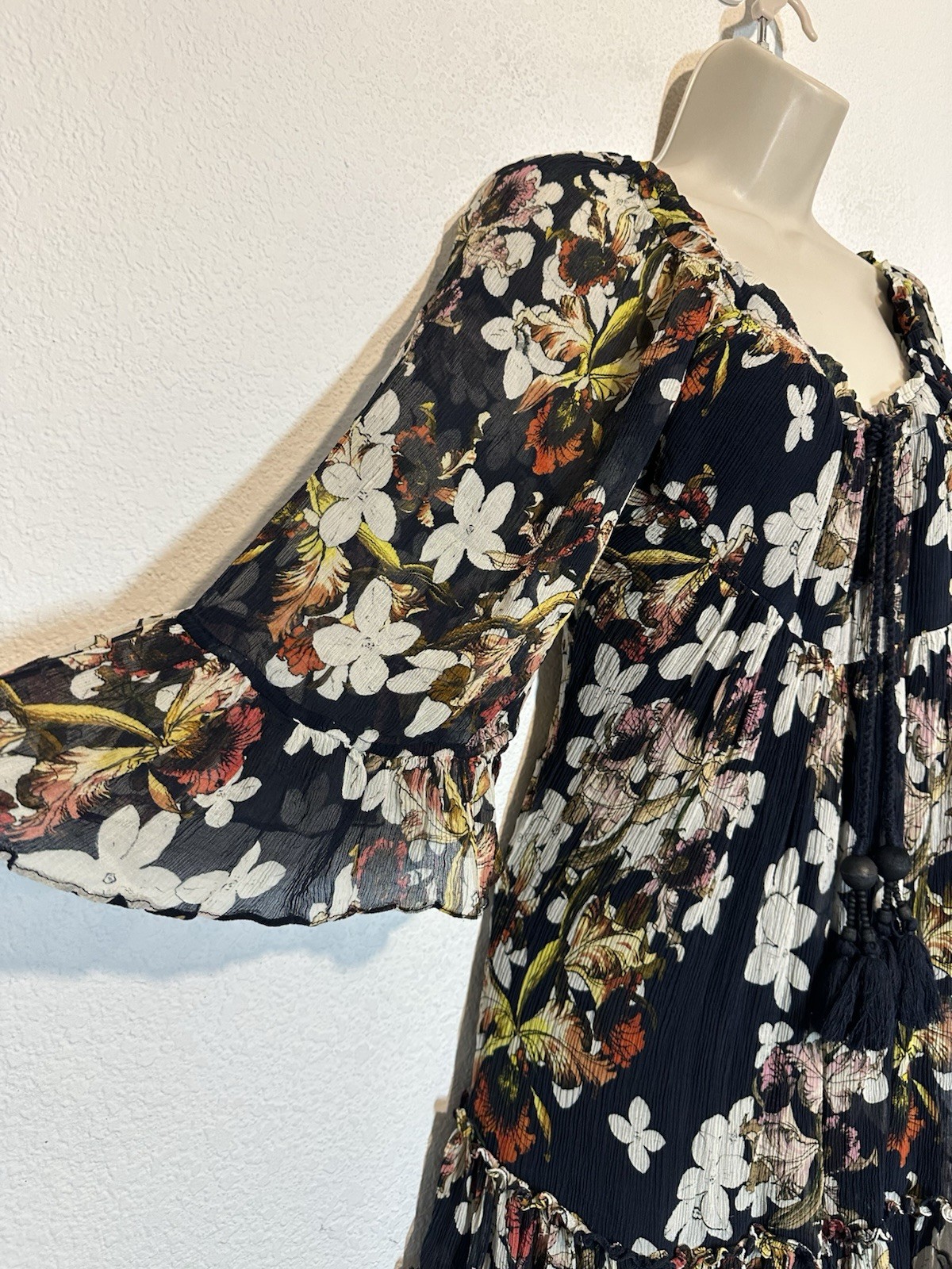 TRYB Anthropologie 100% Silk Mini Dress Navy Floral Tiered Romantic Boho Chic
