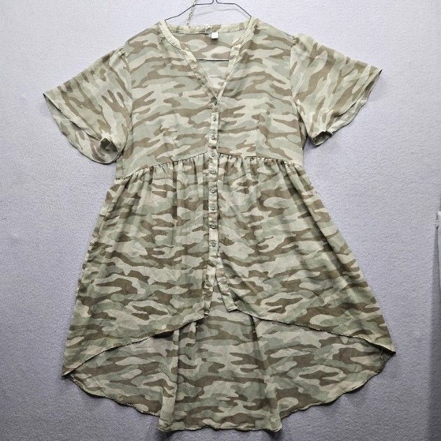 Cato Women’s Size Large Beige Green Camouflage Button Down Dress