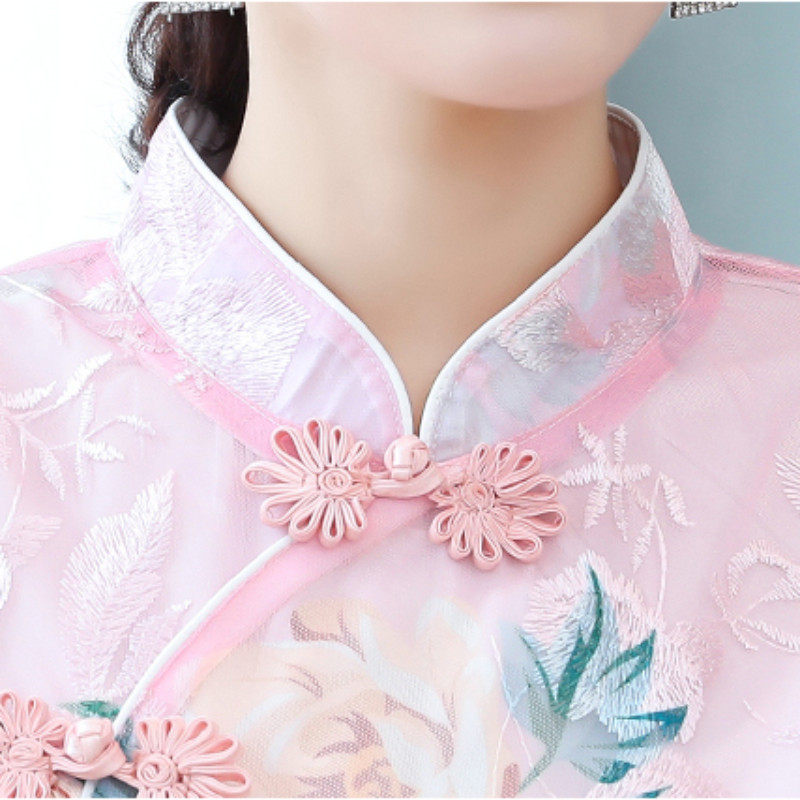 Ladies Flower Pattern Mesh Cheongsam Qipao Dress Side Slit Half Sleeve Elegant
