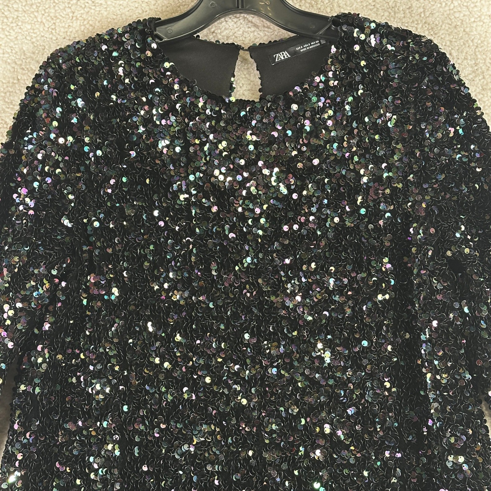 Zara Sequin Shift Mini Dress Womens Small Black Iridescent Party Glam