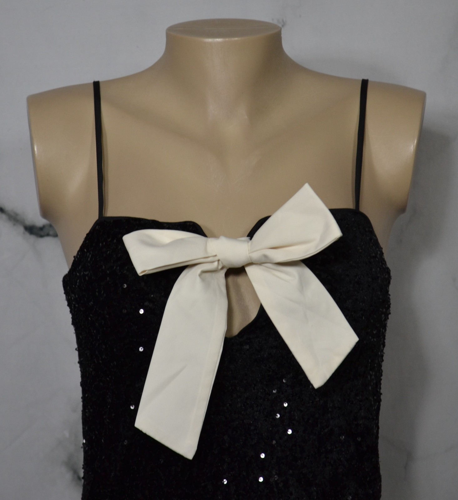 DIVIDED H & M NEW NWT Black Sequin Mini Dress XS Ivory Bow at Bust Adjust Straps