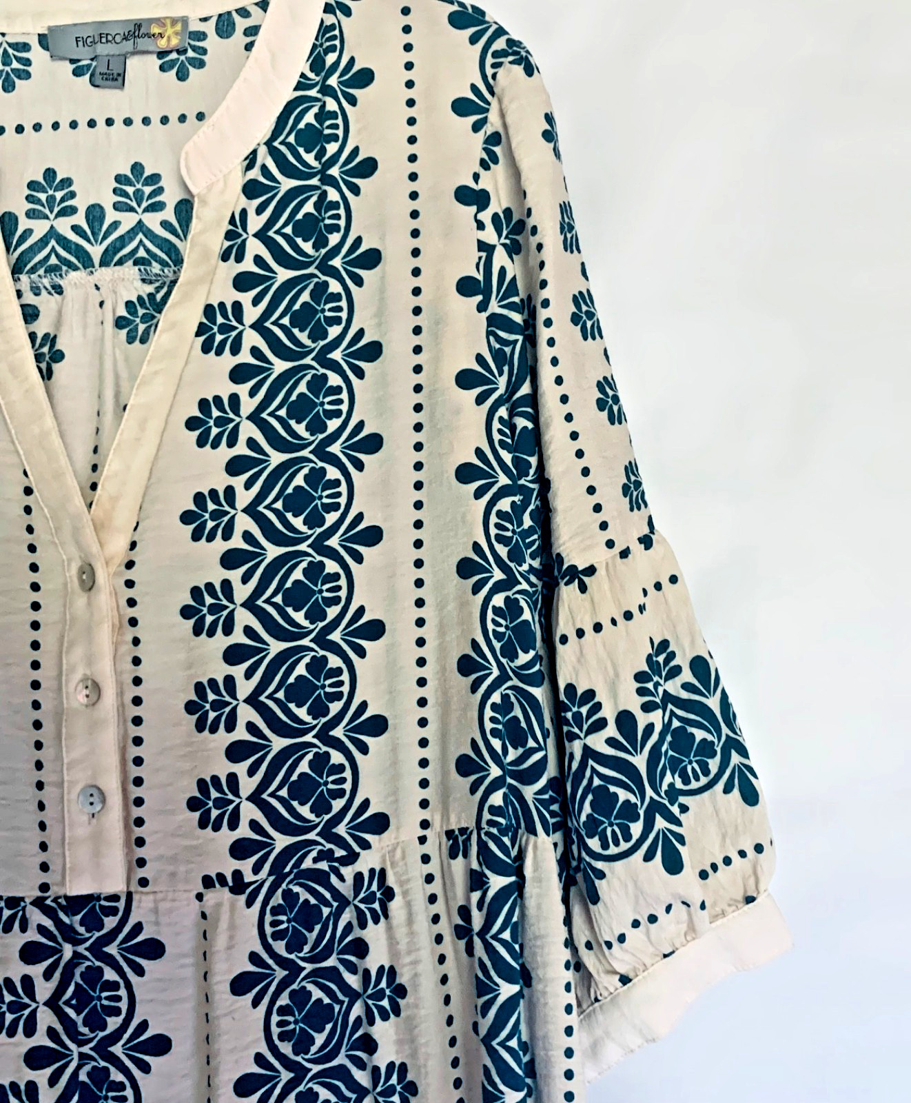 Figueroa & Flowers Dress Size Large Tiered 3/4 Sleeves Boho Teal Blue and Ivory