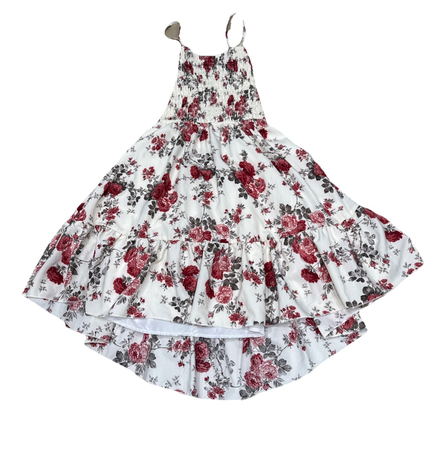 White Floral Sundress SzL,red/brown Flowers Ruffle A Line Straps,open Back Mini