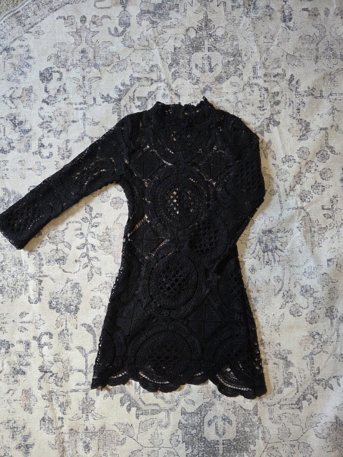 Black Lace Bodycon Mini Dress Mock Neck Bell Sleeve SX Dark Academia Goth