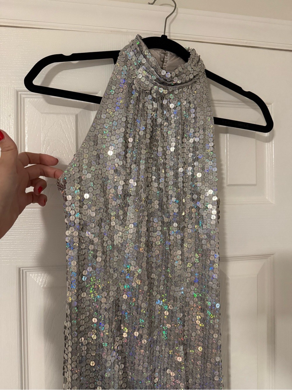 Vintage Papell Boutique Evening Silver Sequin Halter Gown Size 4 Formal Dress