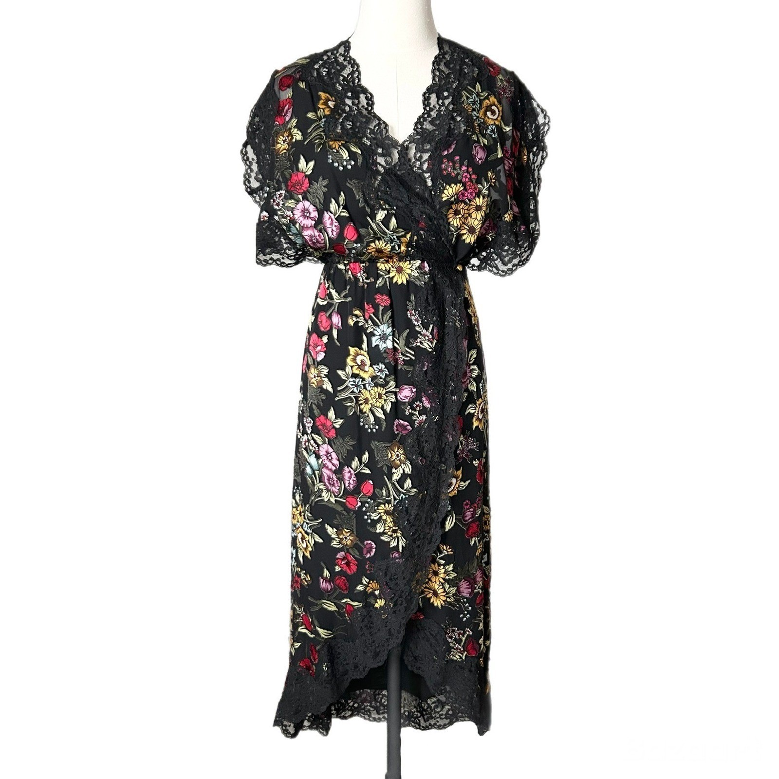 Alice + Olivia Adele Black Floral Silk Blend Lace Trim Midi Wrap Dress Size 2