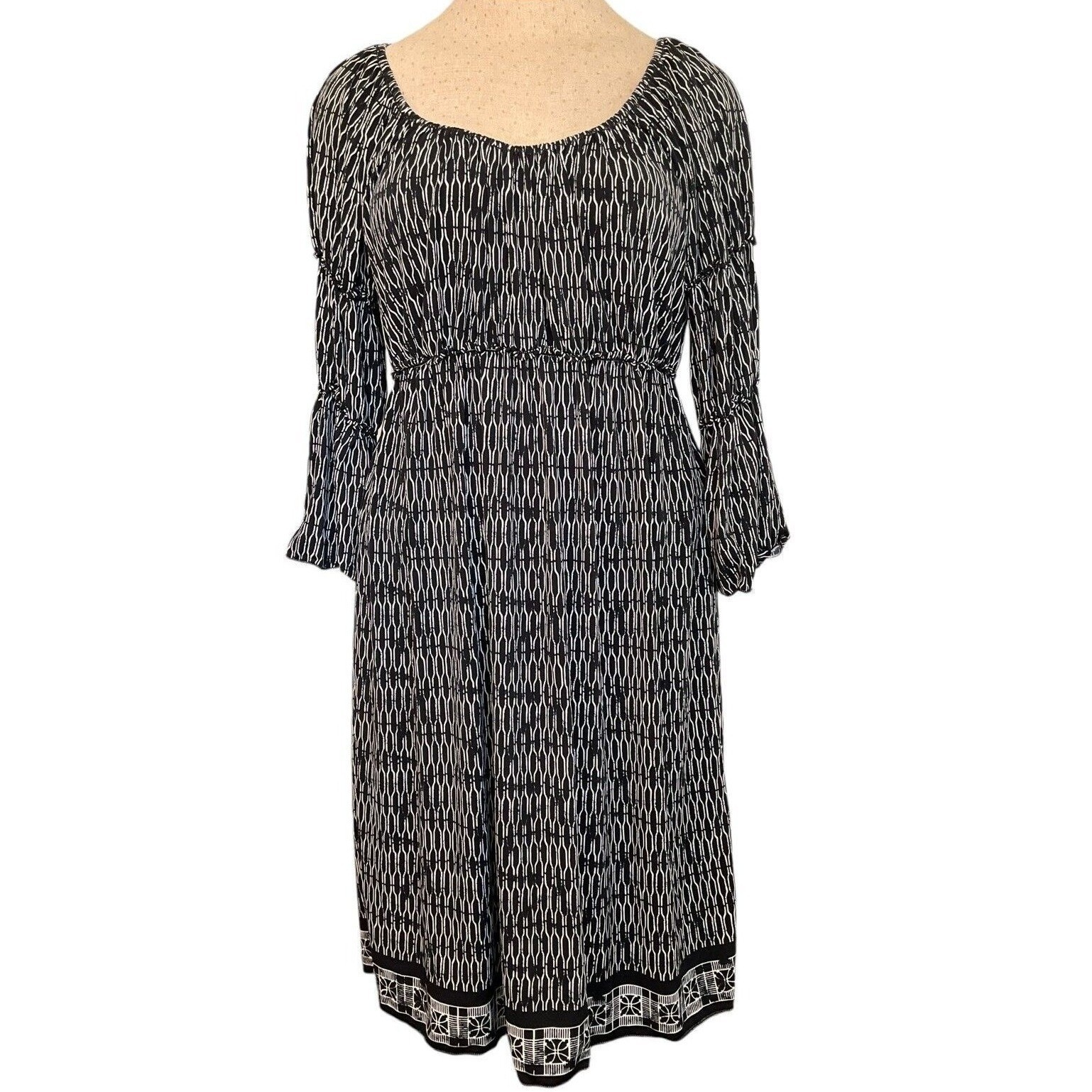 Max Edition Womens XL Black White Geometric Bell Sleeve Smocked Waist Midi Dress