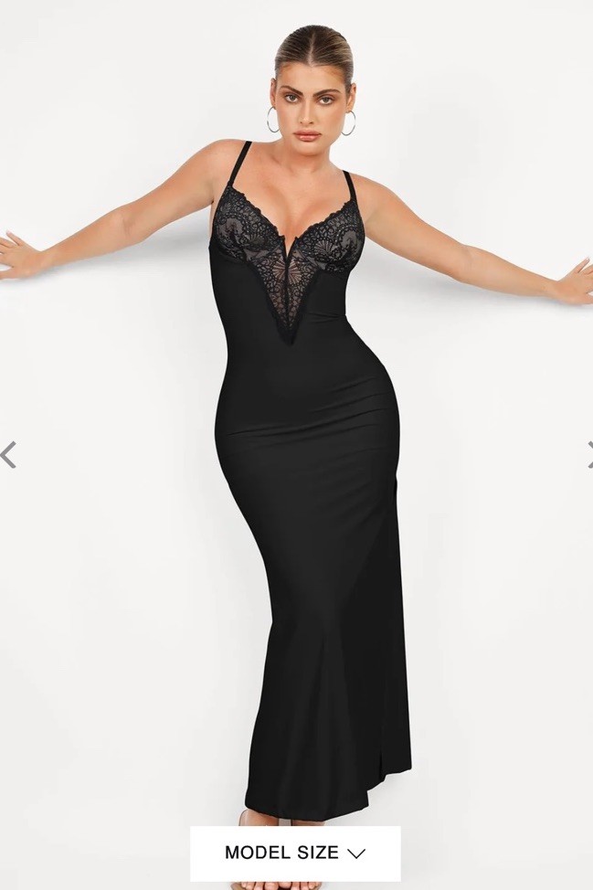 NWT Popilush Shapewear Lace V Neck Side Slit Slimming Maxi Slip Dress black L