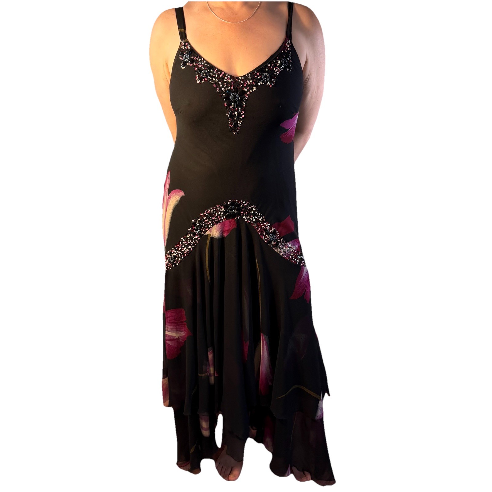 Midnight Velvet Black Floral Asymmetrical Beaded Fairy Goth Midi Dress Sz L