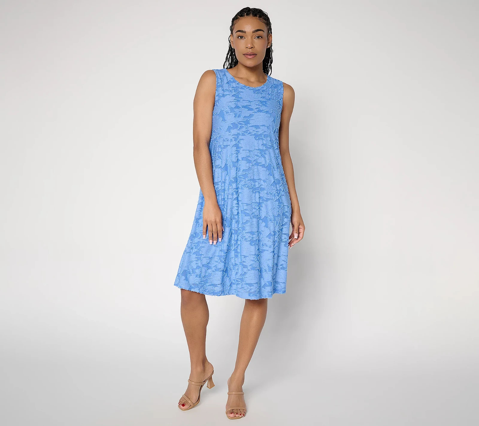Susan Graver Burnout Knit Slvlss A-Line Dress-Sunkissed Blue-Tall Medium-A722258