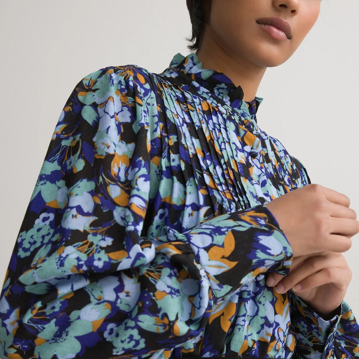 La Redoute Buttoned Floral Shirt Dress Size 12 Ruffled Tiered High Neck RRP £52
