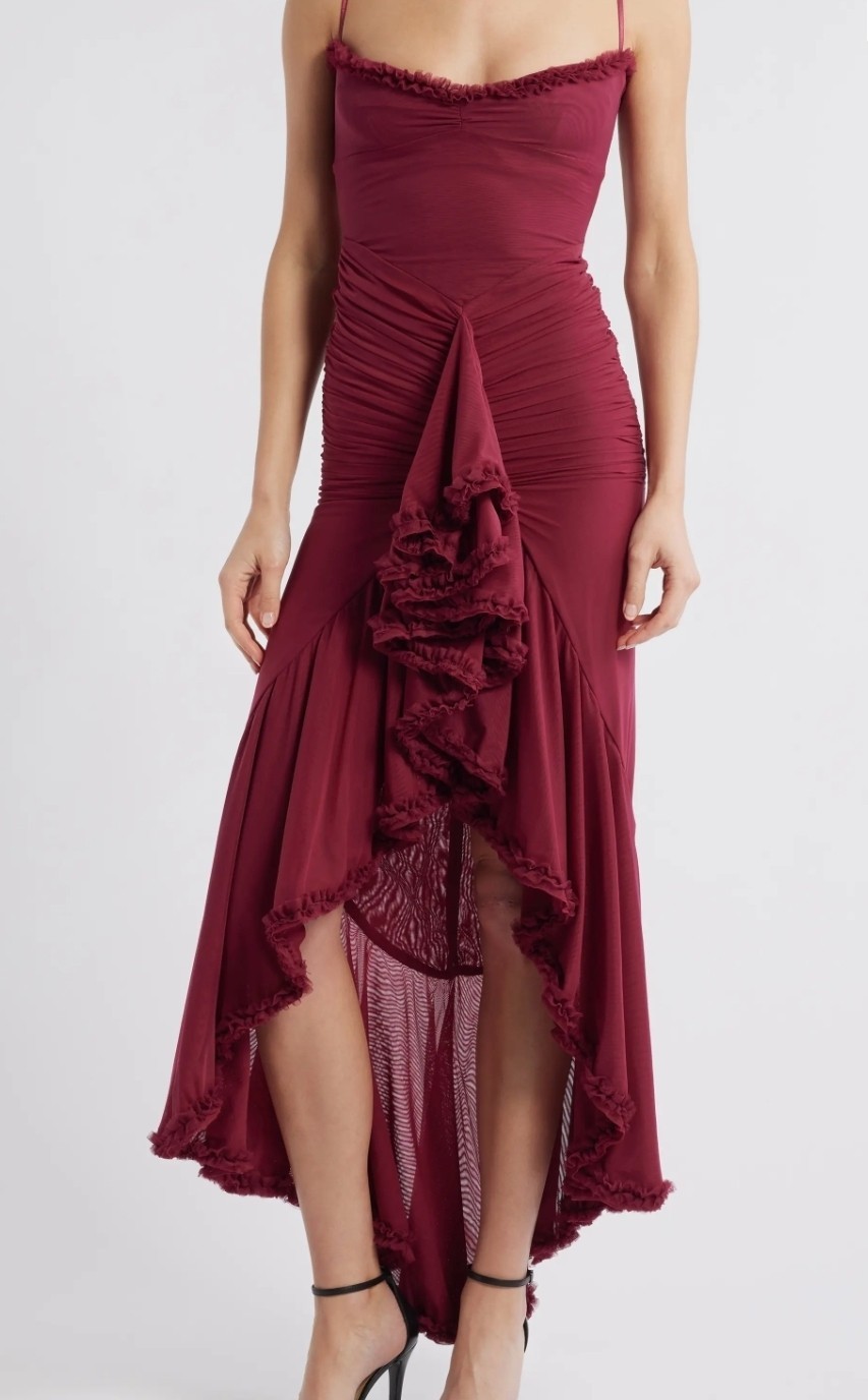 Women’s Burgundy Sheer Mesh Ruched Ruffle Sweetheart Maxi Bodycon Dress M