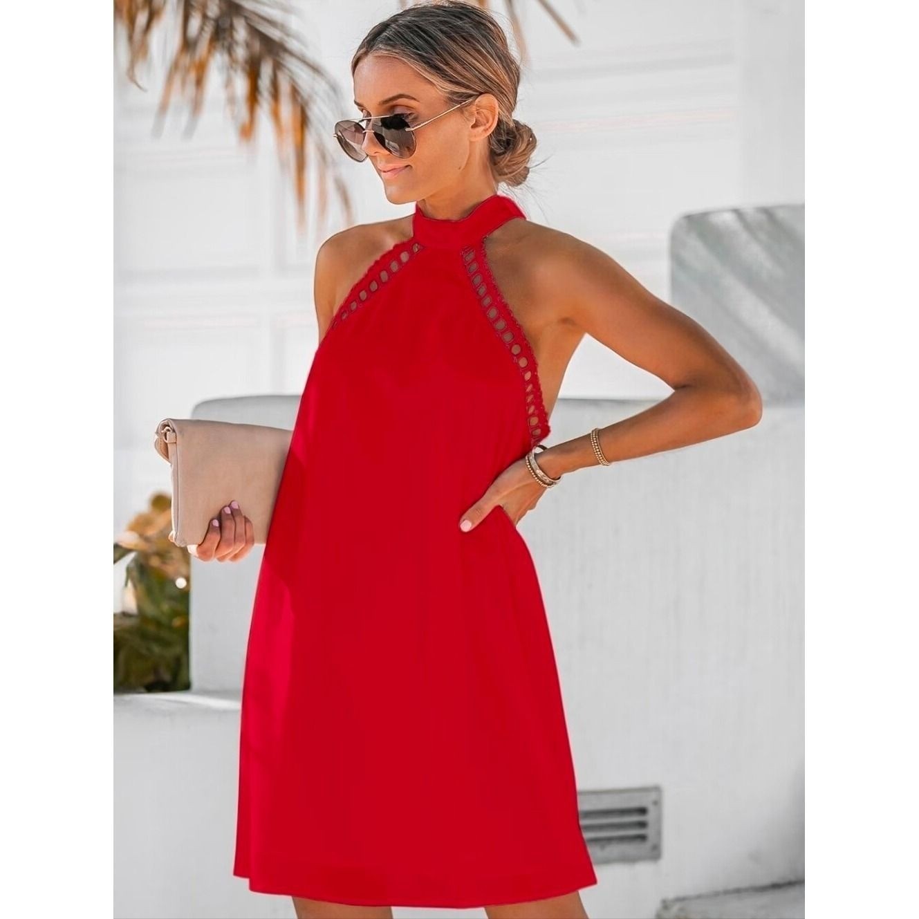 Red Halter Sundress with Eyelet Trim – Women Dresses