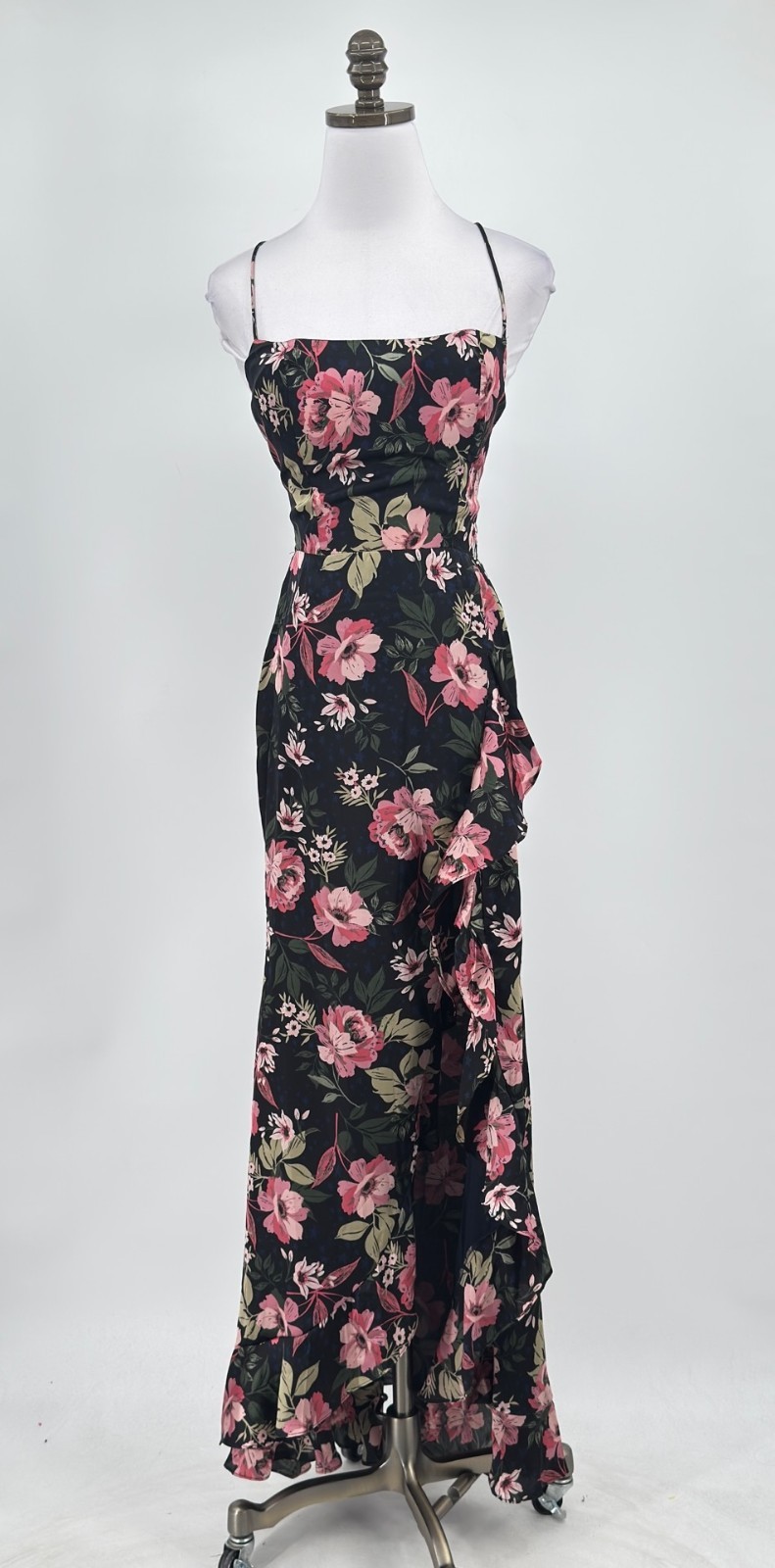 Dress Forum Black Pink Floral Satin Front Slit Strappy High Low Dress Sz S NEW