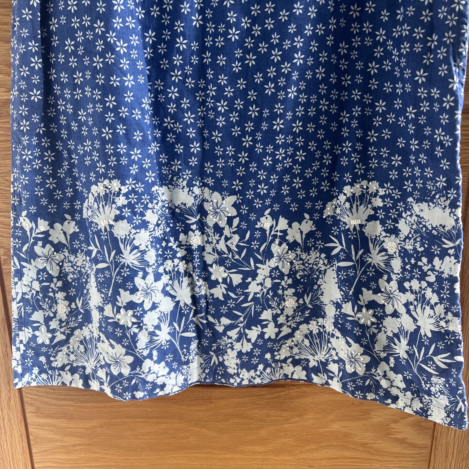 Per Una Dress UK 8 Blue White Floral Beaded Linen Cotton Blend Pockets Summer
