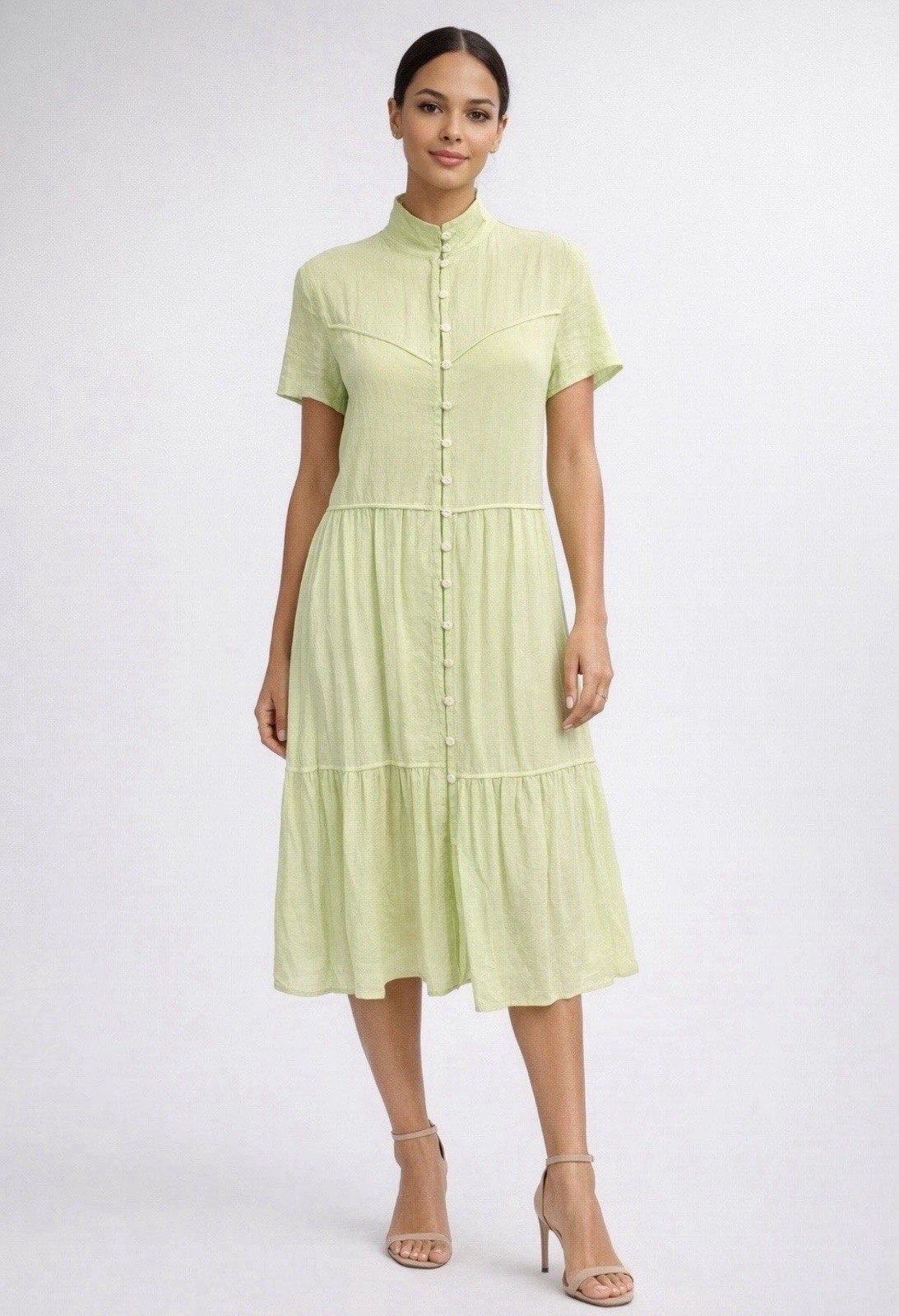 Rag & Bone Libby Tiered Seam Crinkle Dress Short Sleeve Flowy Midi Green Medium