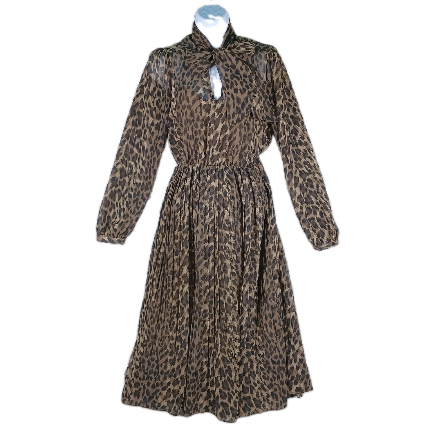 Banana Republic Dress Women 2 Brown Leopard Print Scarf Tie Pleated Midi