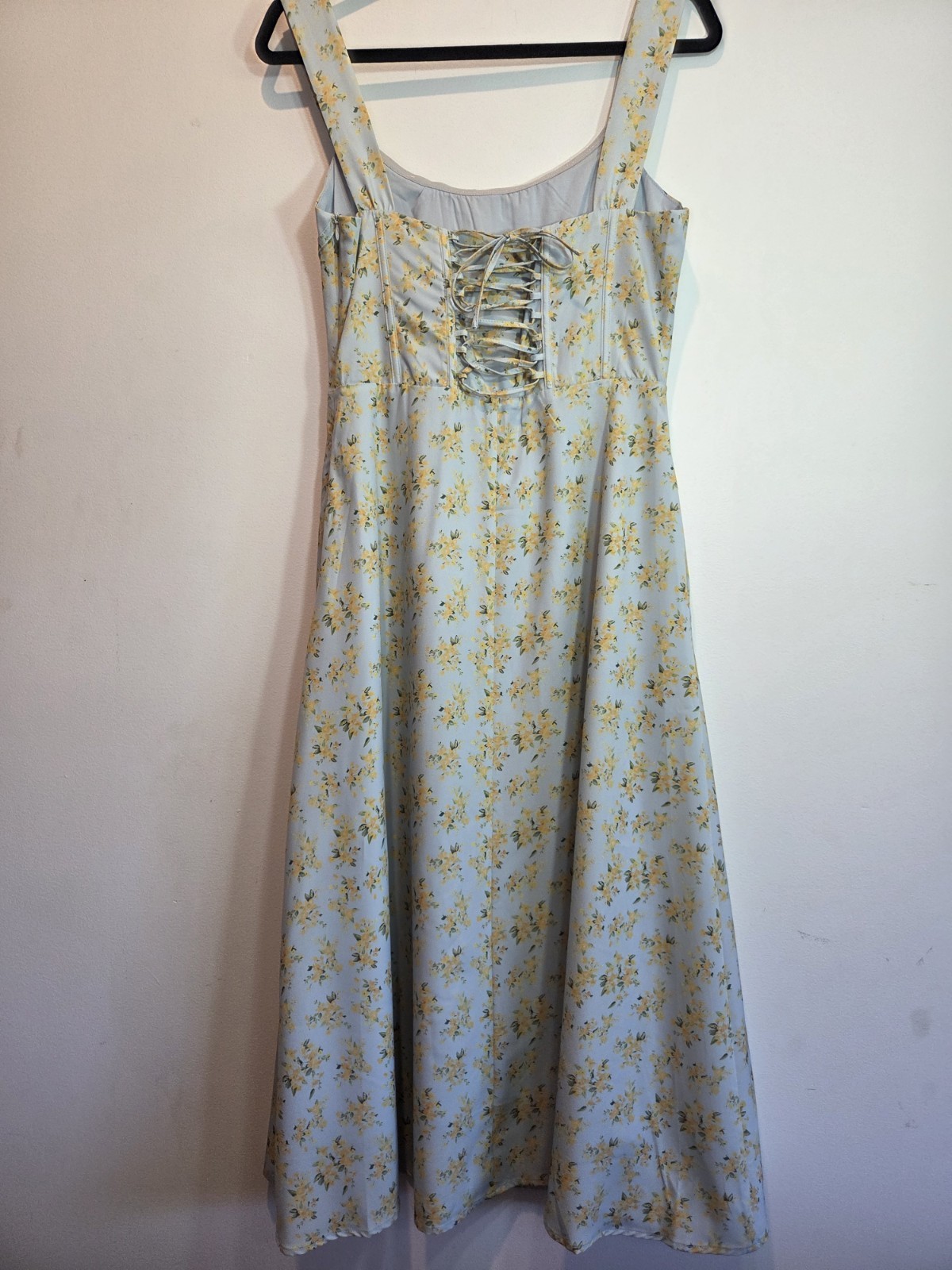 UNBRANDED Size L Blue/Yellow Floral Square Neck Corset Back Lace Up Midi Dress