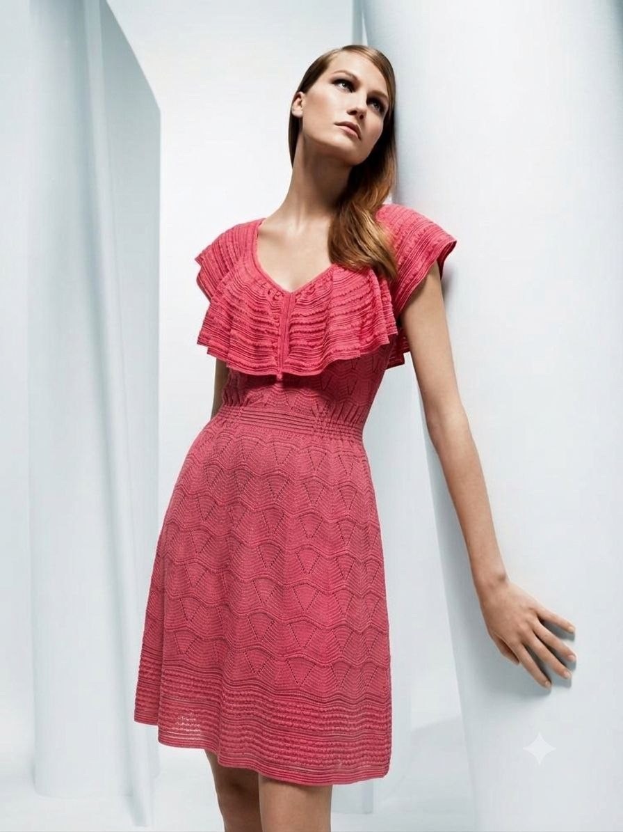 M Missoni Knit Dress Pink 42 S Cotton Blend Ruffle Open Work Crochet Valentino