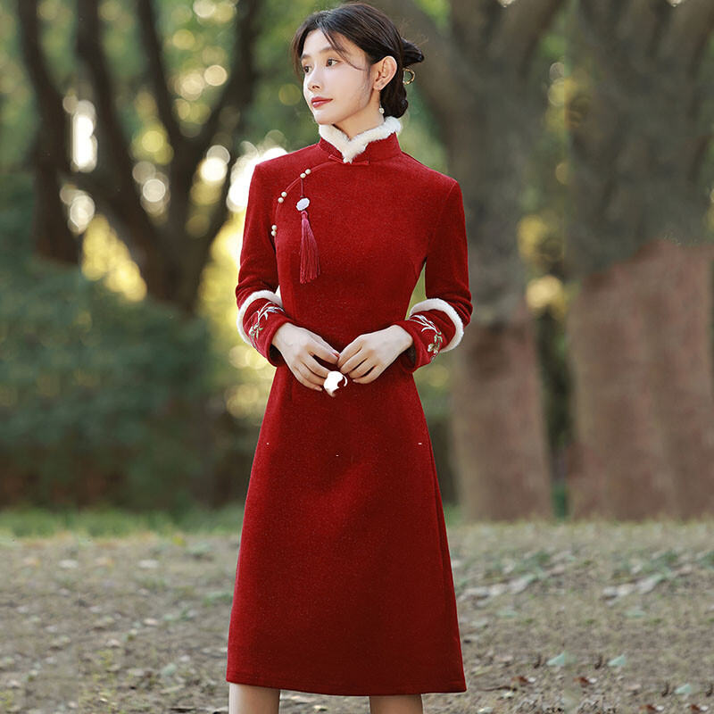 Lady Velvet Midi Cheongsam Qipao Thick Dress Embroidery Tassel Faux Fur Trim