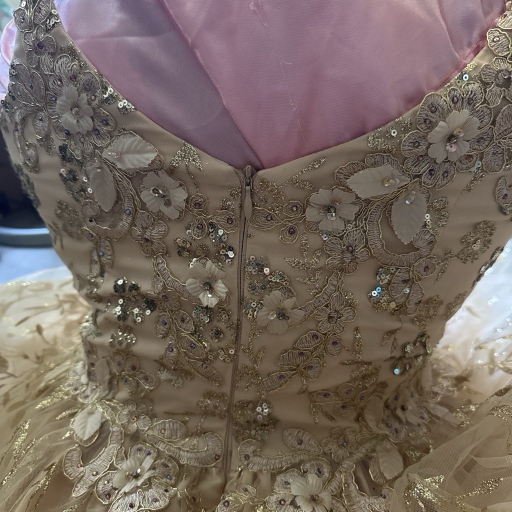 Dancing Queen Ivory/Gold Beaded Sequin Sweetheart Tulle A-Line Short Dress L